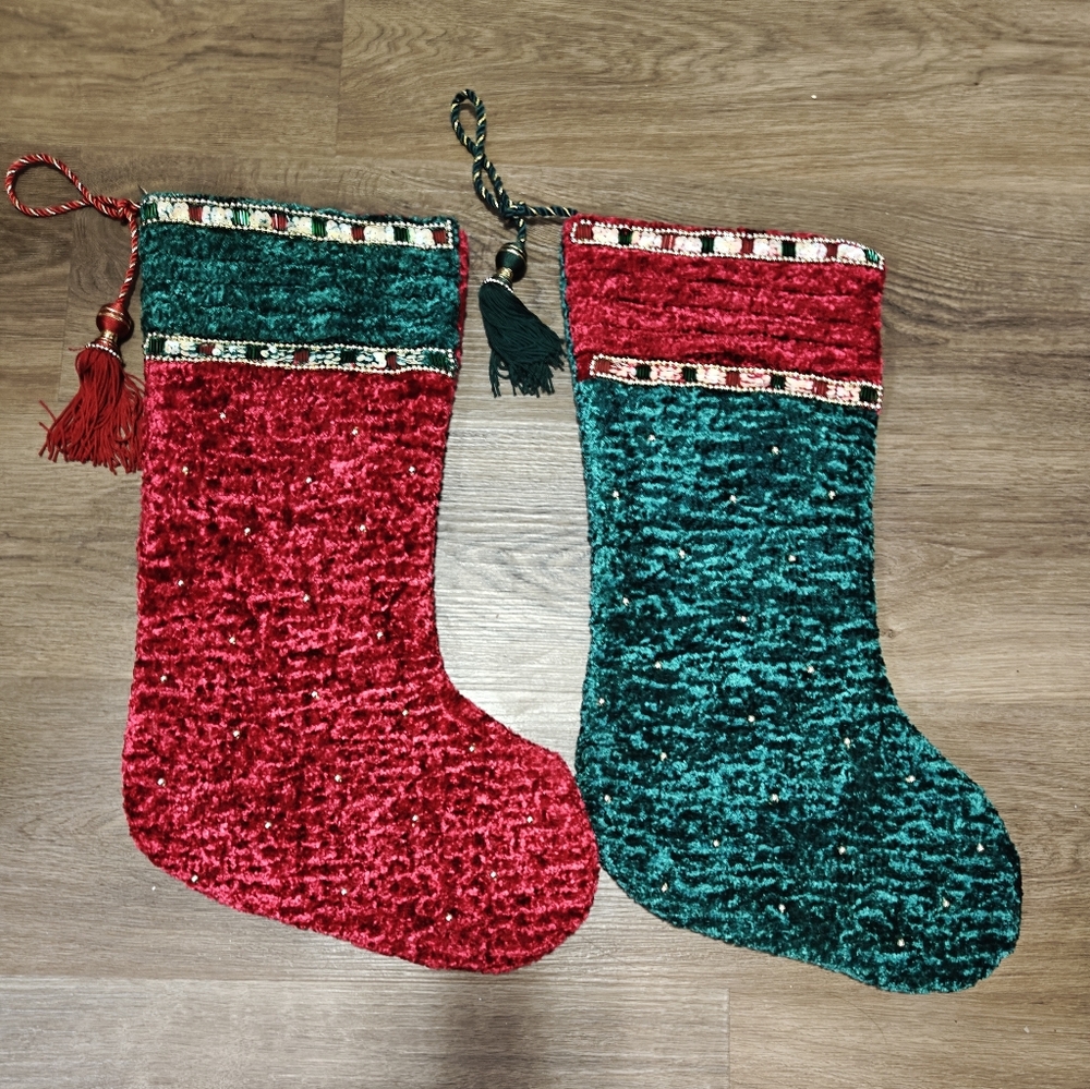 Pair Of Luxury Christmas Stockings Fluffy Velvet Embellished Tassel 21"